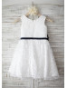 Ivory Lace Big Navy Blue Bow Knee Length Flower Girl Dress